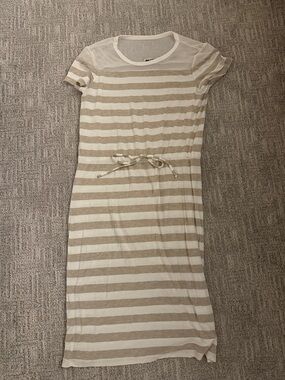 Calvin Klein Beige and White Striped Midi Dress